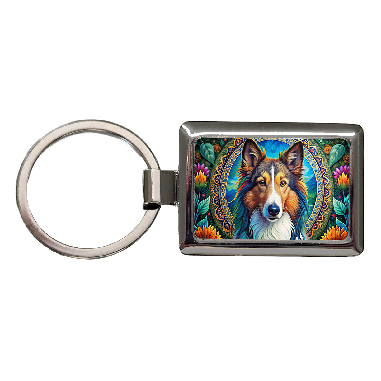 Collie Dog Bohemian Art Rectangle Metal Keychain
