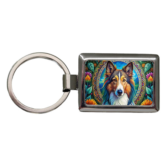 Collie Dog Bohemian Art Rectangle Metal Keychain