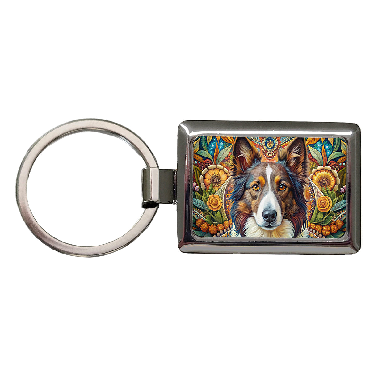 Collie Dog French Bohemian Art Rectangle Metal Keychain
