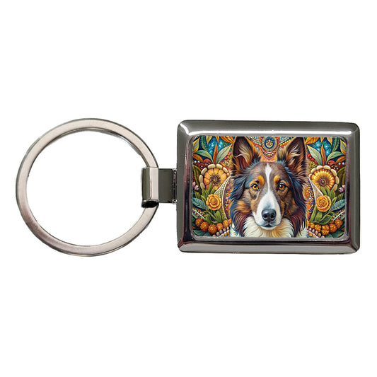 Collie Dog French Bohemian Art Rectangle Metal Keychain
