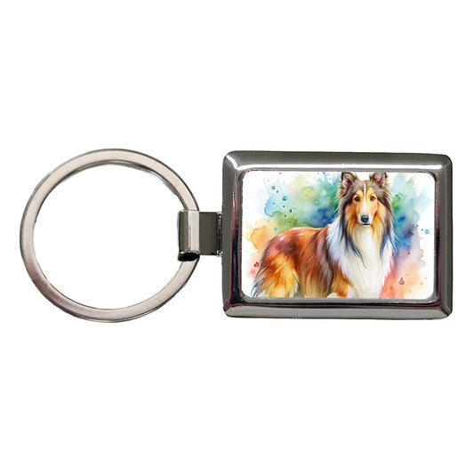 Collie Dog Watercolor Style Rectangle Metal Keychain