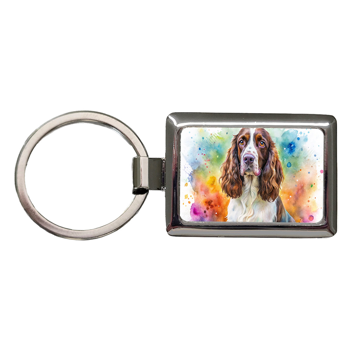 English Springer Spaniel Dog Watercolor Style Rectangle Metal Keychain