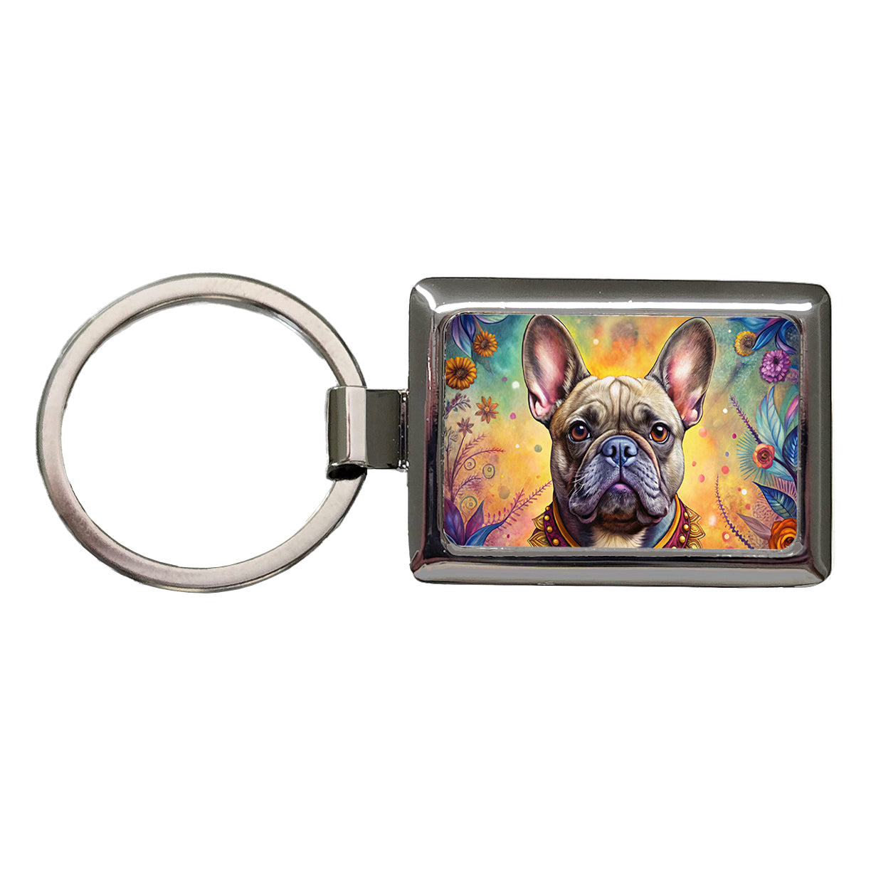 French Bulldog Frenchie Dog Bohemian Art Rectangle Metal Keychain