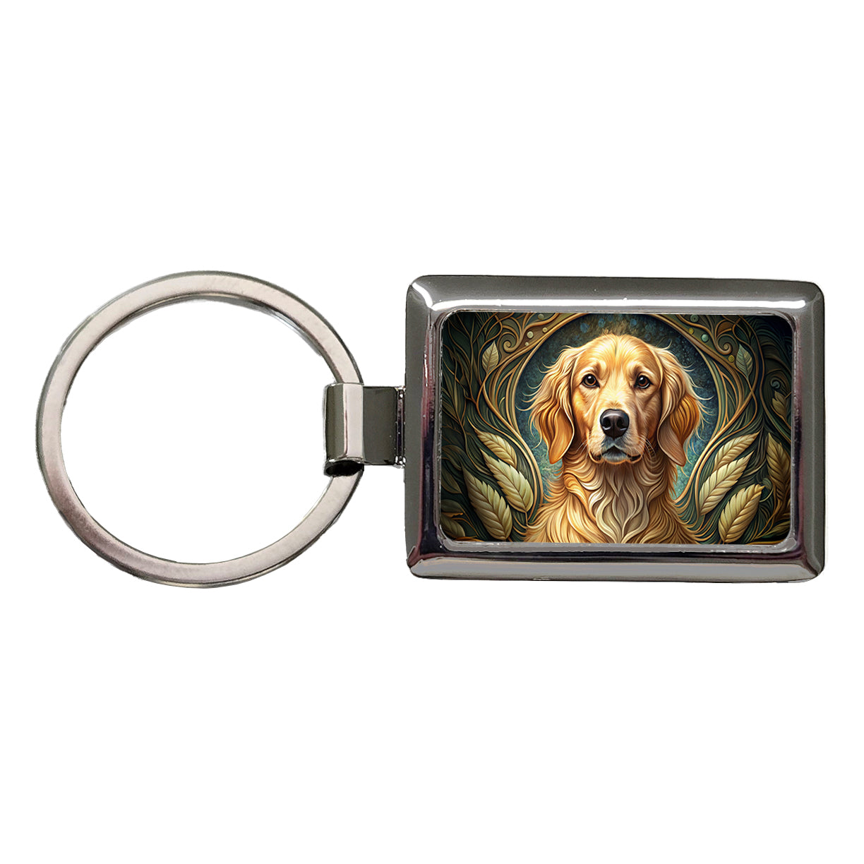 Golden Retriever Dog Art Nouveau Rectangle Metal Keychain