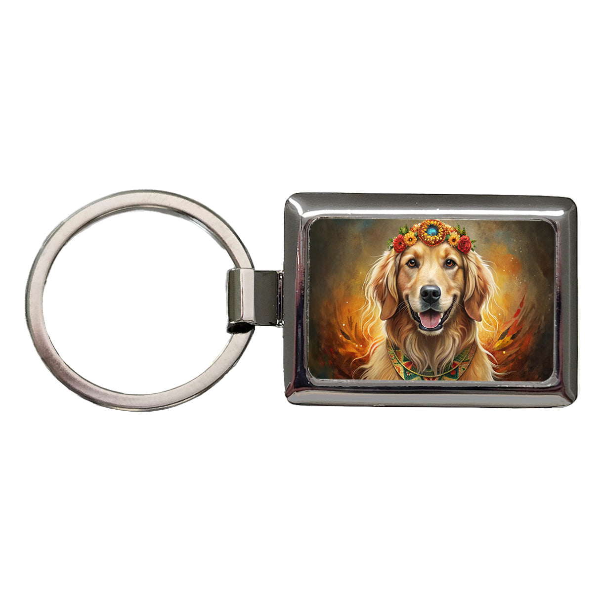 Golden Retriever Dog Bohemian Art Rectangle Metal Keychain