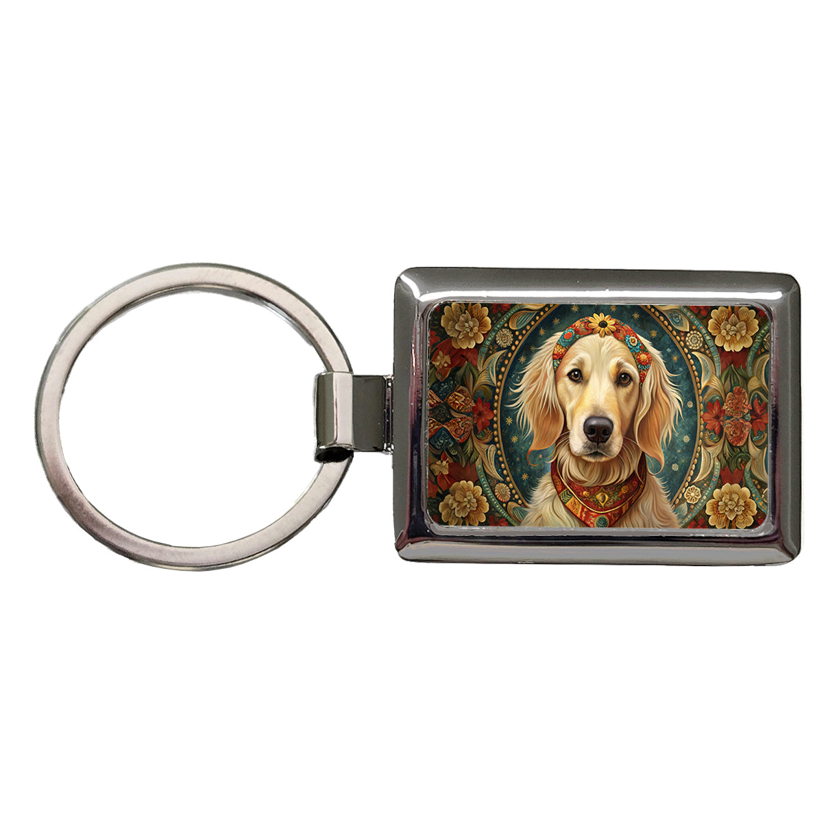 Golden Retriever Dog French Bohemian Art Rectangle Metal Keychain