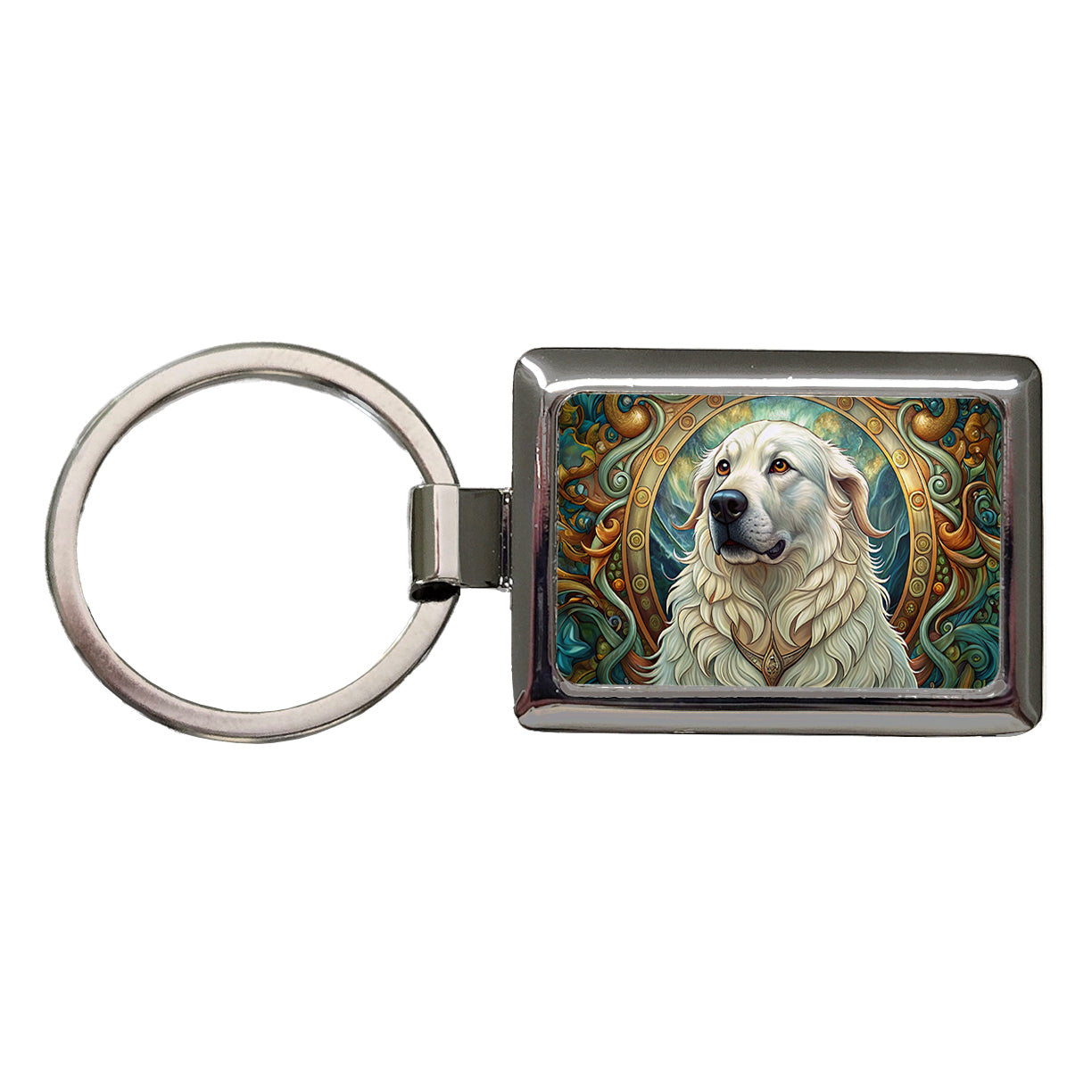 Great Pyrenees Dog Art Nouveau Rectangle Metal Keychain