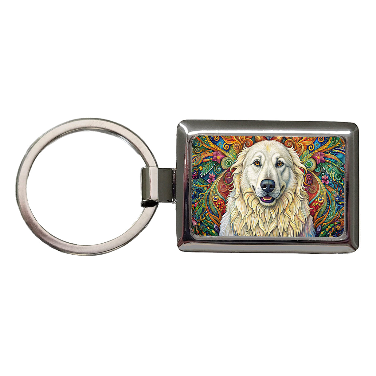 Great Pyrenees Dog Bohemian Art Rectangle Metal Keychain