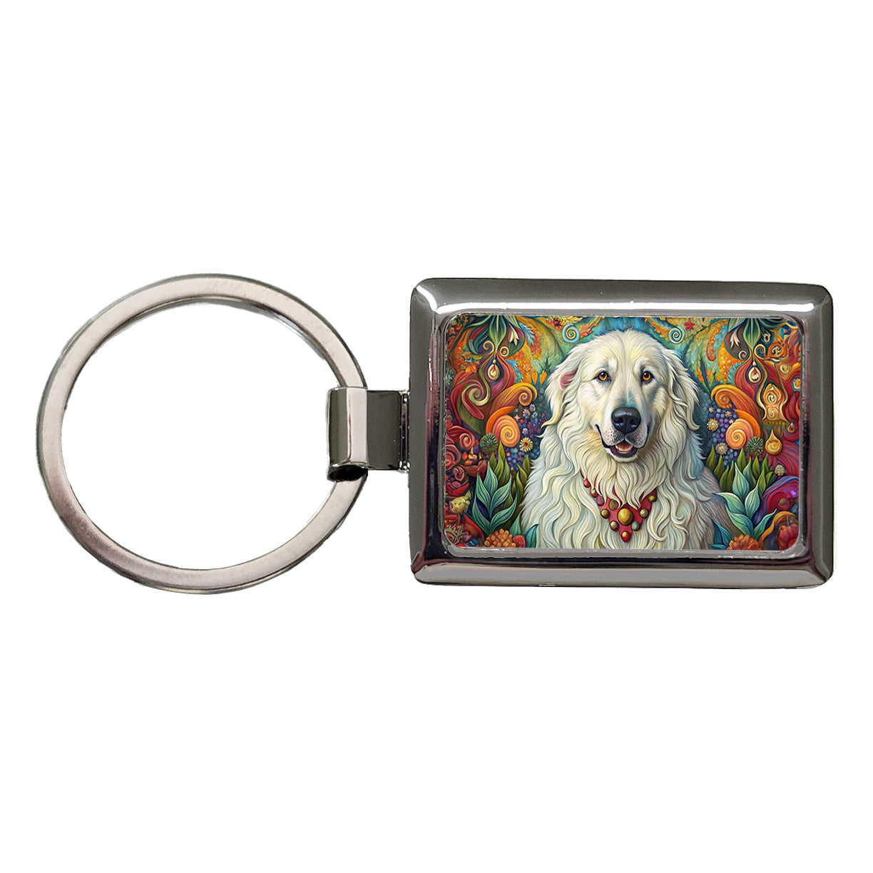 Great Pyrenees Dog French Bohemian Art Rectangle Metal Keychain