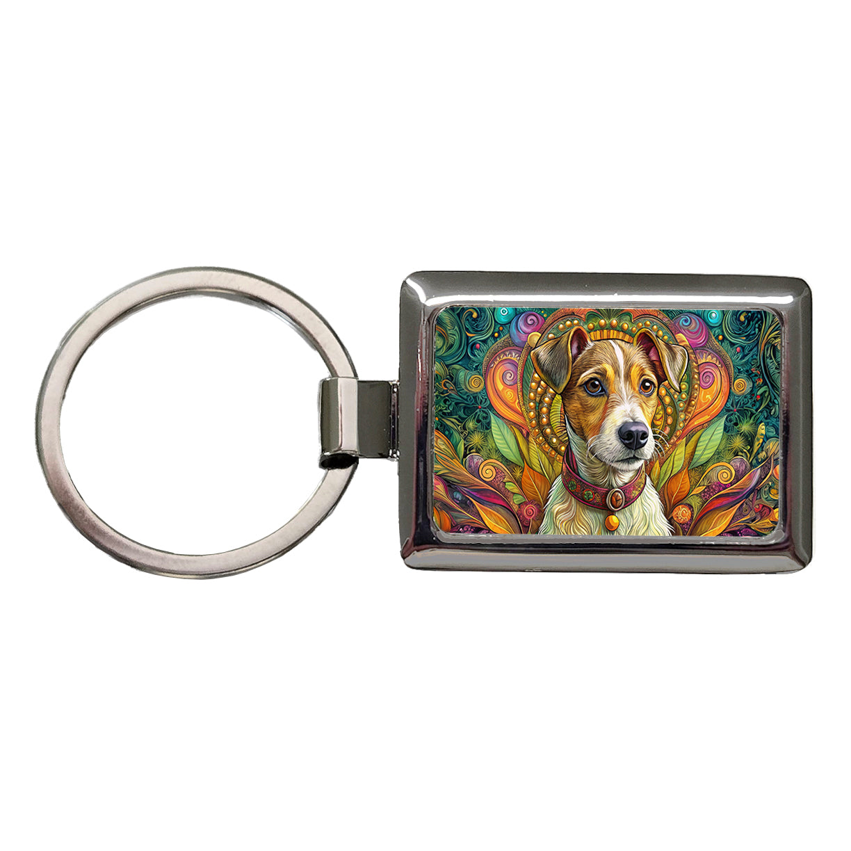 Jack Russell Terrier Dog Bohemian Art Rectangle Metal Keychain