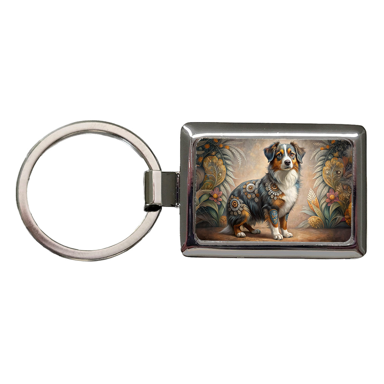 Miniature American Shepherd Dog Bohemian Art Rectangle Metal Keychain