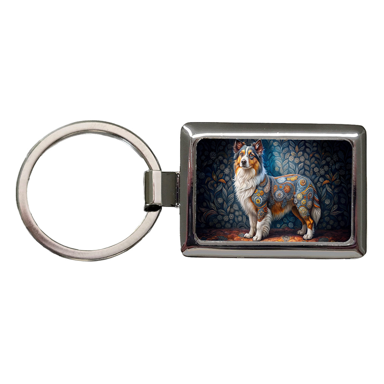 Miniature American Shepherd Dog French Bohemian Art Rectangle Metal Keychain