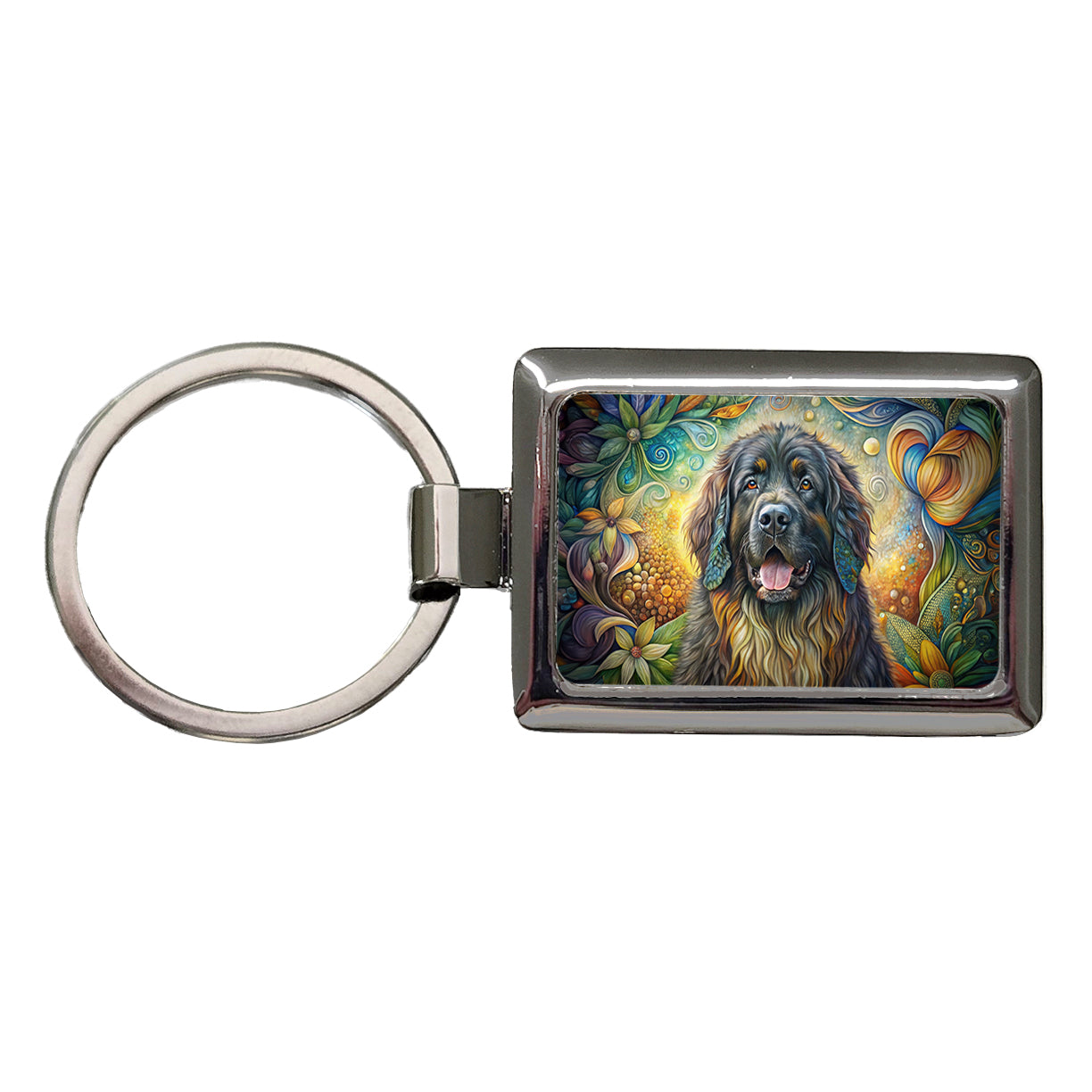 Newfoundland Dog Bohemian Art Rectangle Metal Keychain