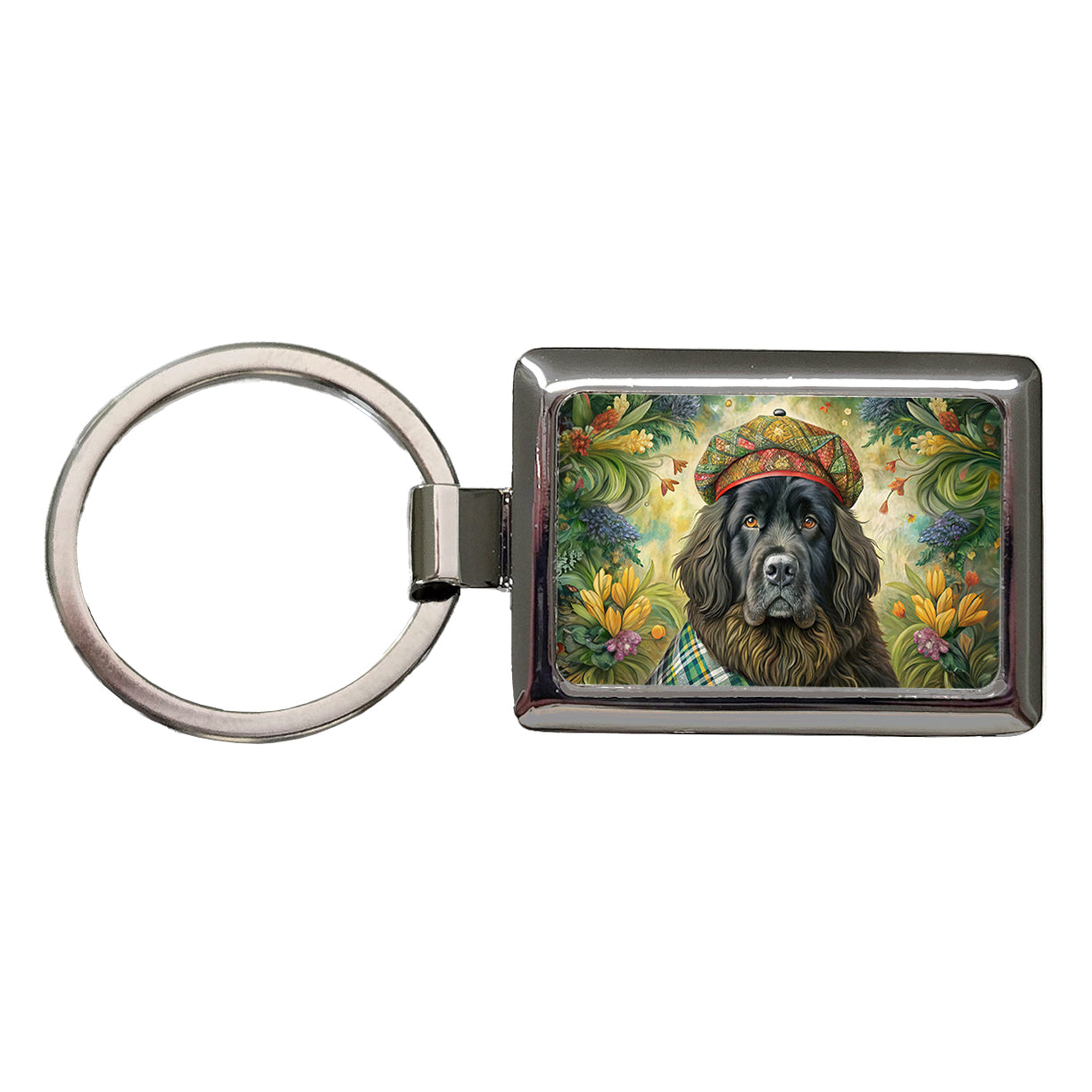 Newfoundland Dog French Bohemian Art Rectangle Metal Keychain