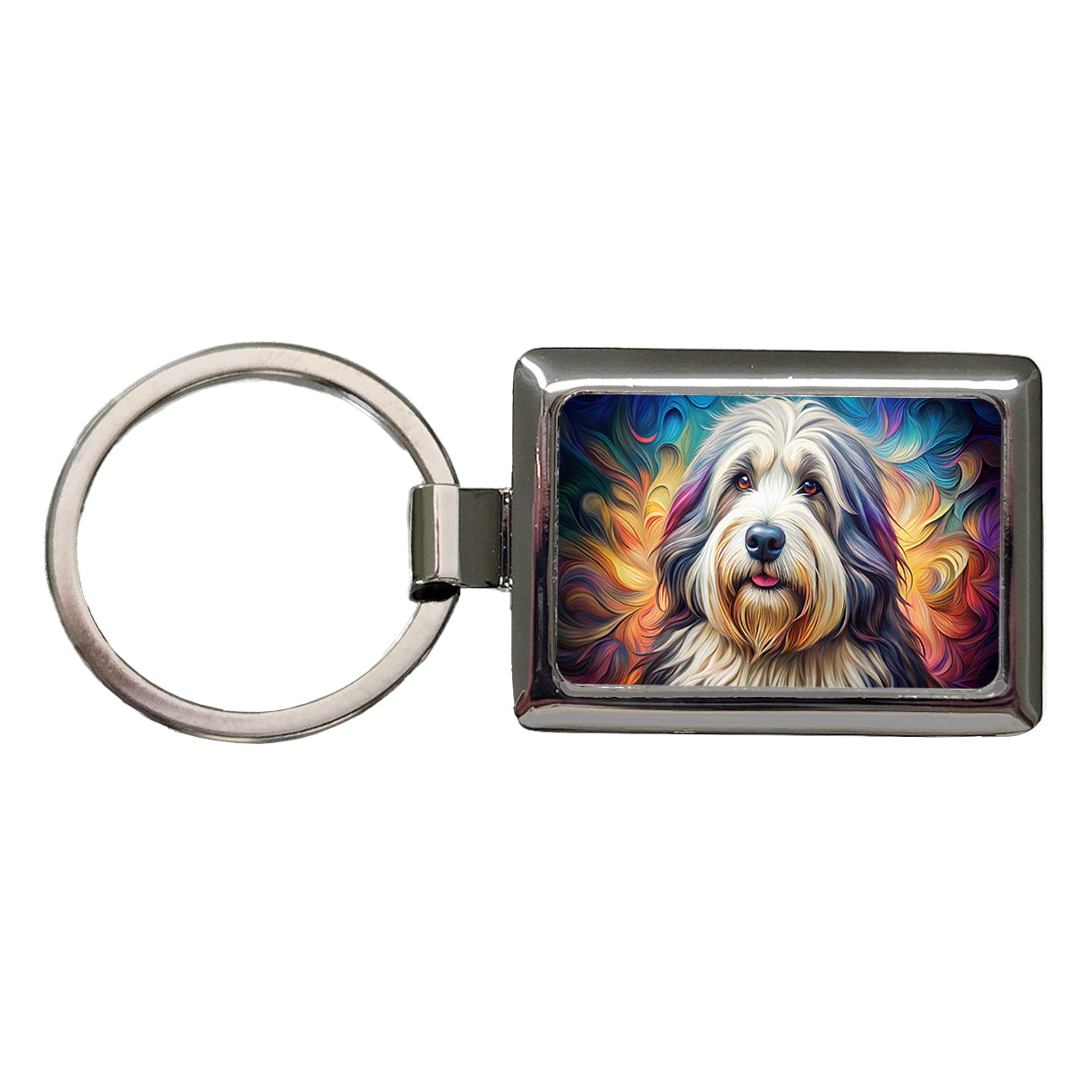 Old English Sheepdog Dog French Bohemian Art Rectangle Metal Keychain