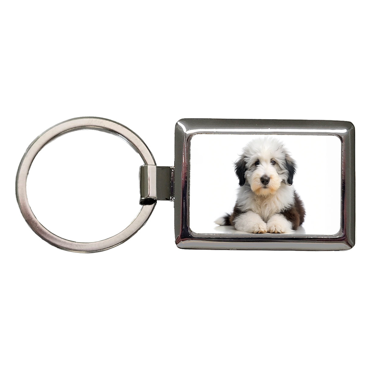 Old English Sheepdog Dog Puppy Photo Rectangle Metal Keychain