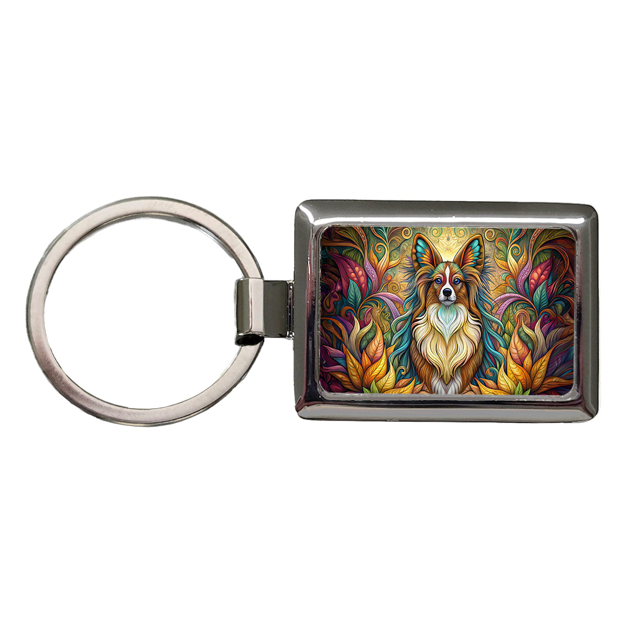 Papillion Dog Art Nouveau Rectangle Metal Keychain