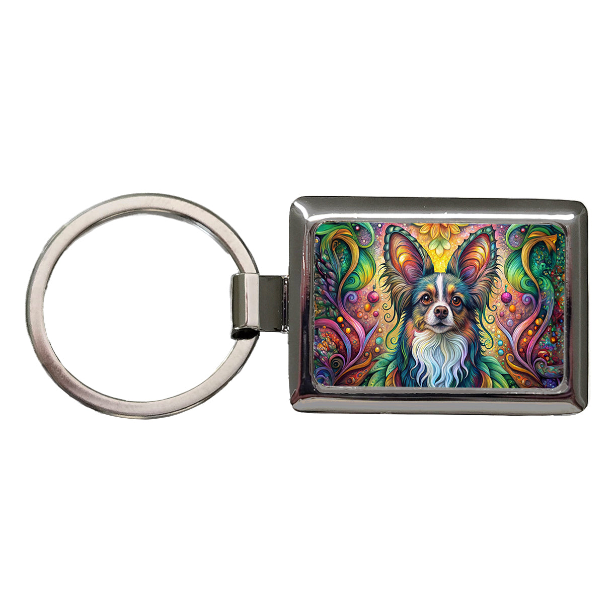 Papillion Dog Bohemian Art Rectangle Metal Keychain