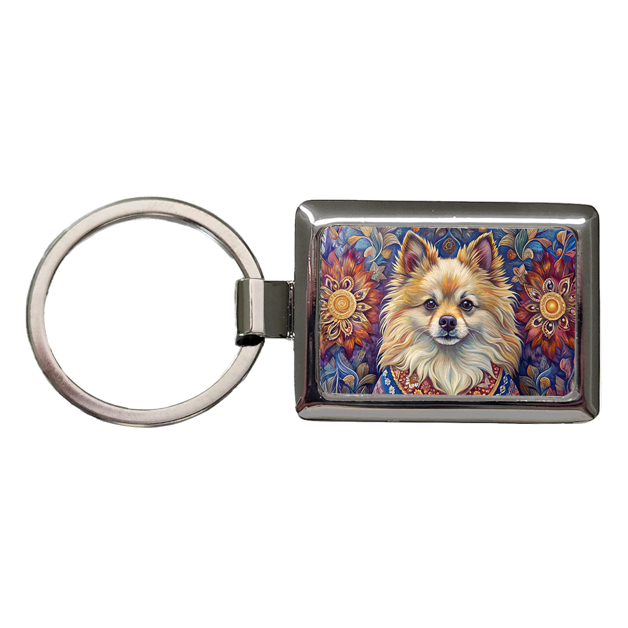 Pomeranian Dog French Bohemian Art Rectangle Metal Keychain