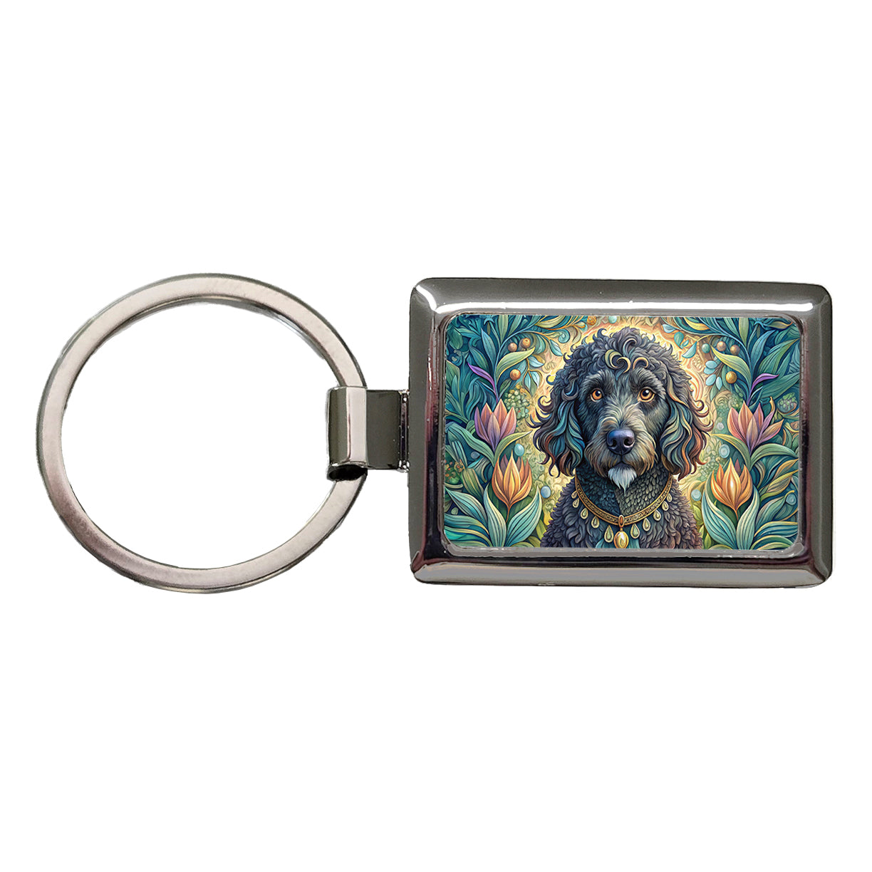 Portuguese Water Dog Art Nouveau Rectangle Metal Keychain
