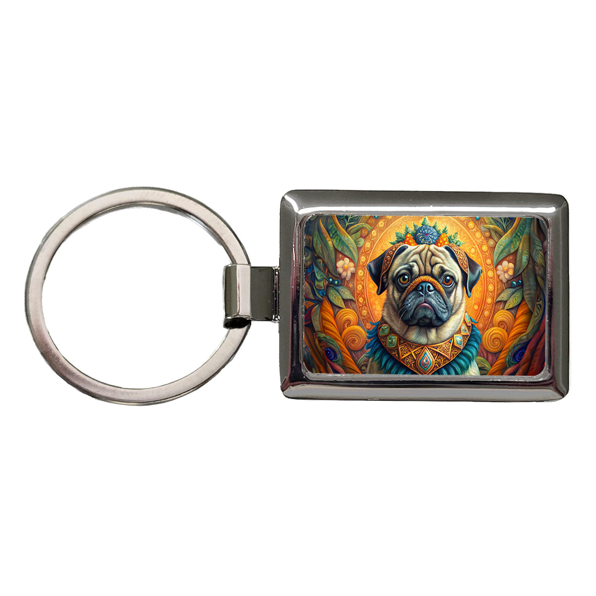Pug Dog Bohemian Art Rectangle Metal Keychain