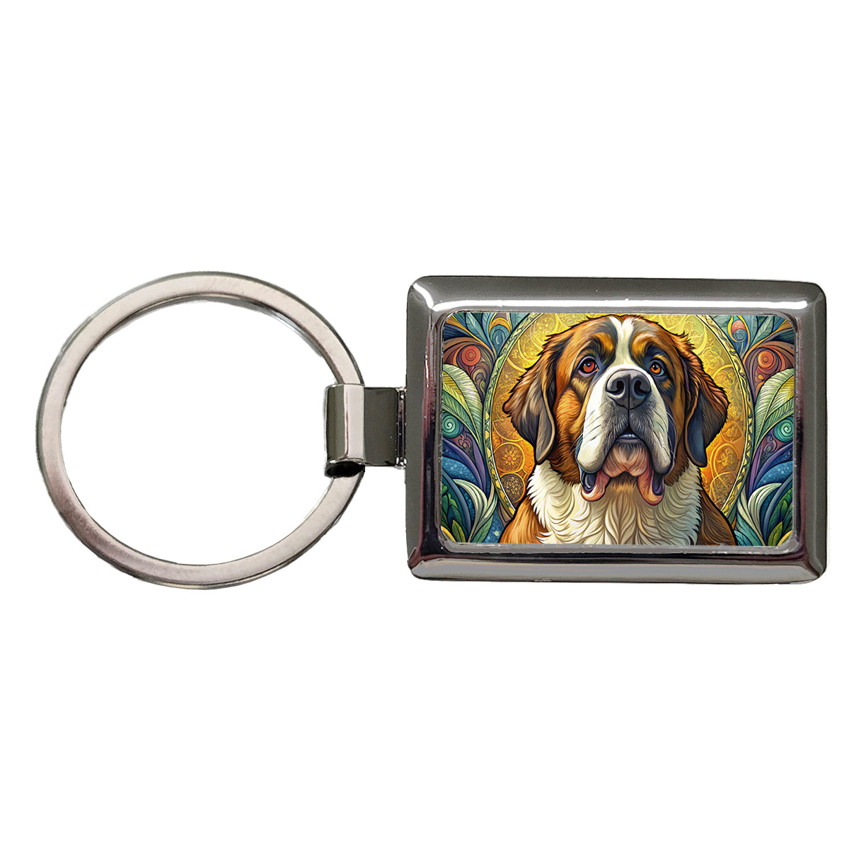 Saint Bernard Dog Art Nouveau Rectangle Metal Keychain