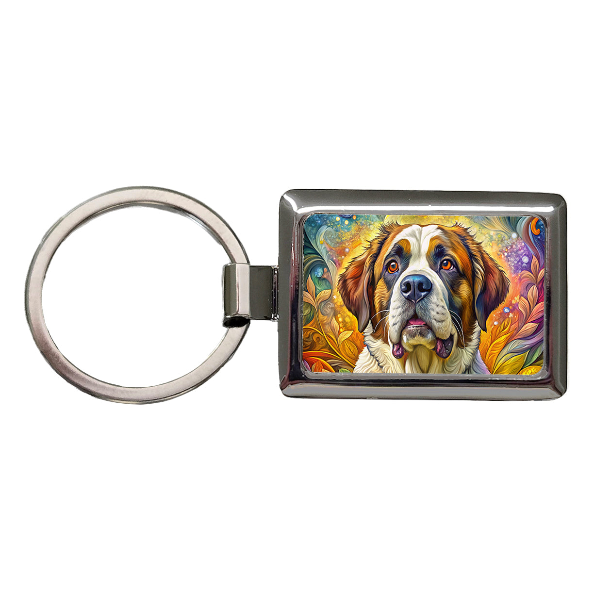 Saint Bernard Dog Bohemian Art Rectangle Metal Keychain