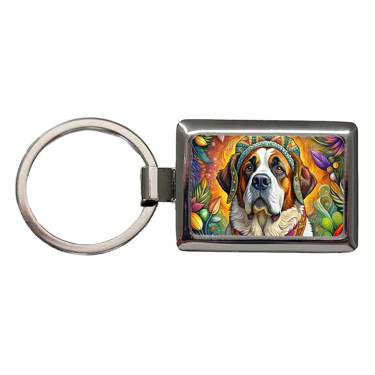 Saint Bernard Dog French Bohemian Art Rectangle Metal Keychain