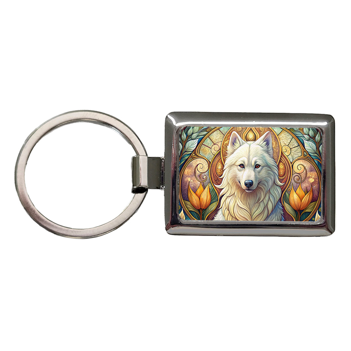 Samoyed Dog Art Nouveau Rectangle Metal Keychain