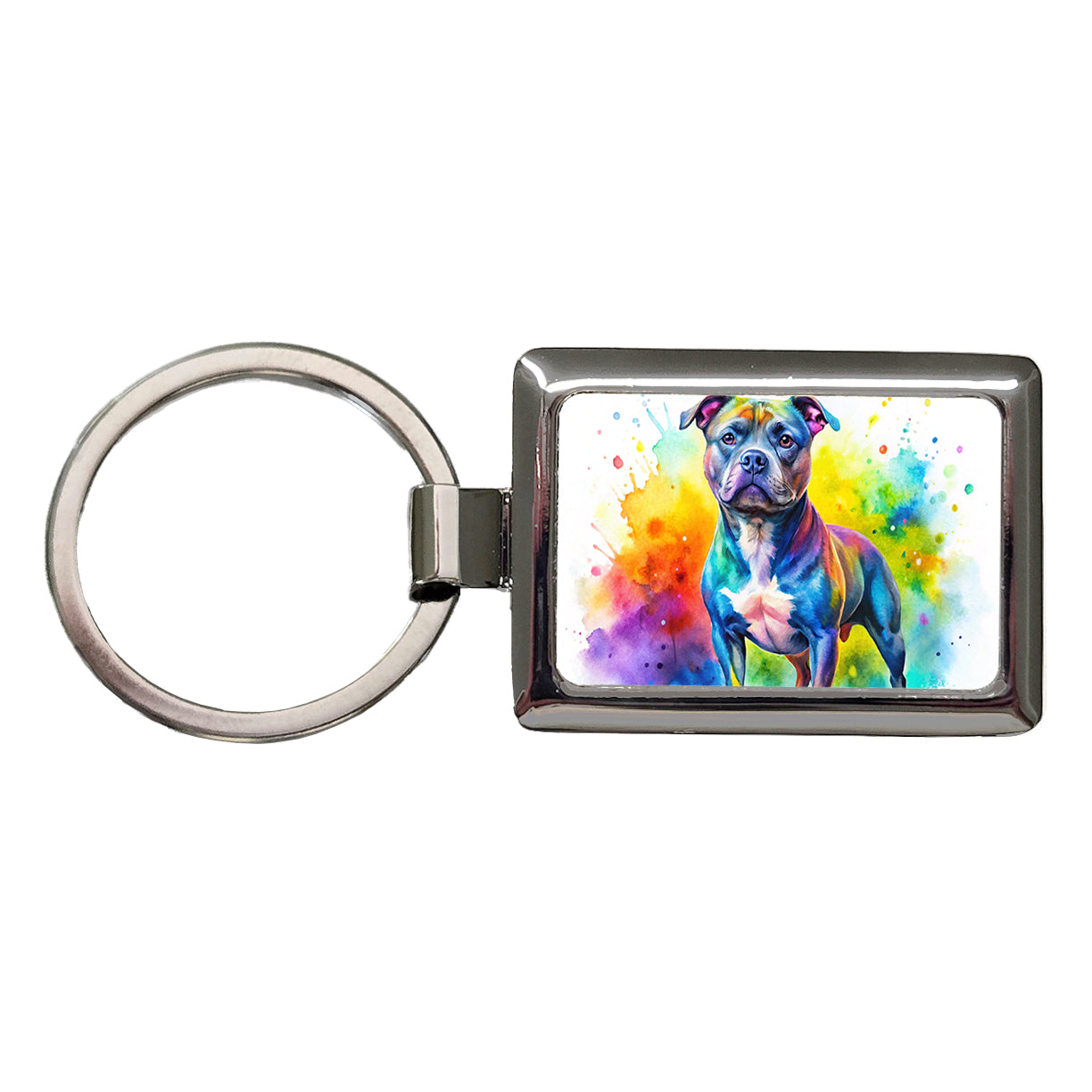 Staffordshire Bull Terrier Staffy Dog Watercolor Style Rectangle Metal Keychain