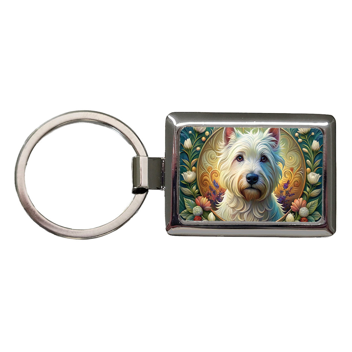West Highland White Terrier Westie Dog Art Nouveau Rectangle Metal Keychain