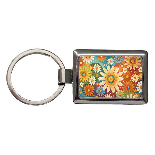 70's Retro Groovy Hippie Daisies Floral Design Rectangle Metal Keychain