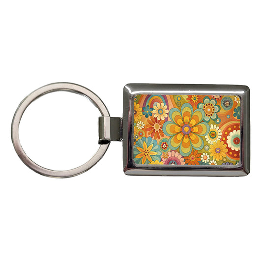 70's Retro Groovy Hippie Pretty Floral Design Rectangle Metal Keychain
