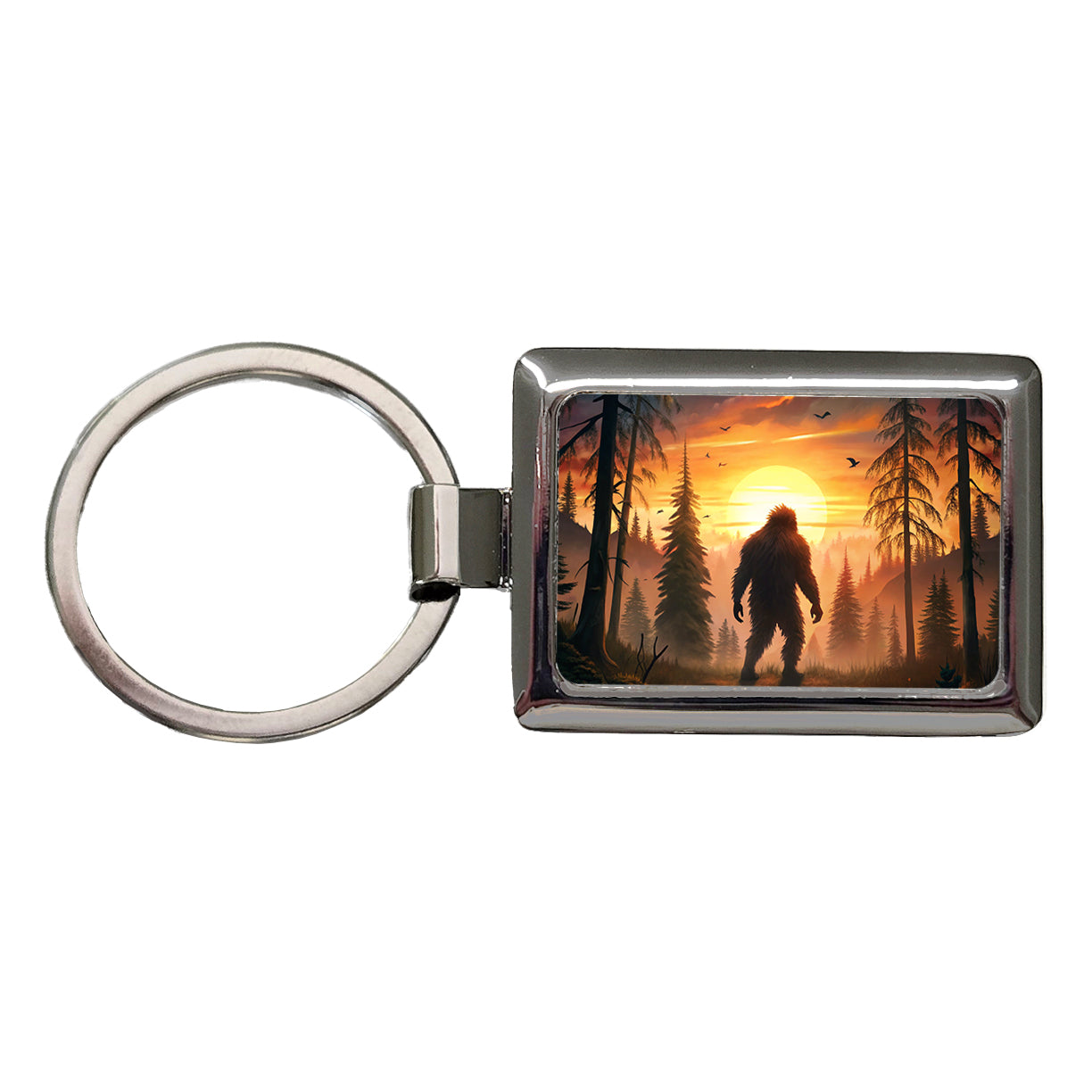 Bigfoot Walking In The Woods At Sunset Rectangle Metal Keychain