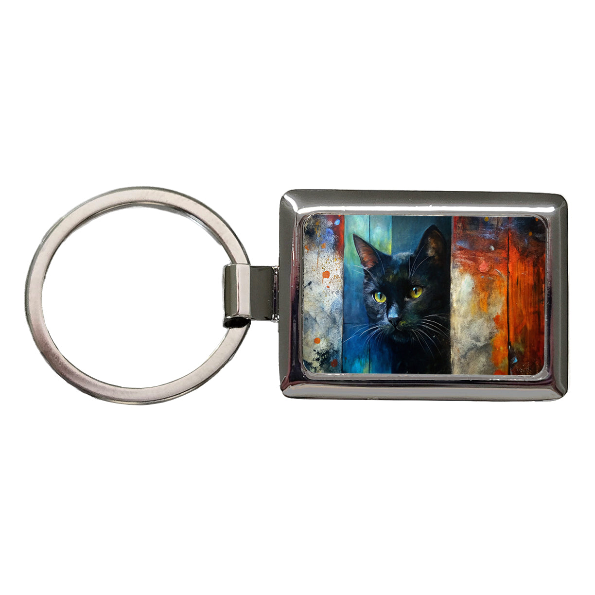 Black Cat Peaking Behind Door Abstract Art Rectangle Metal Keychain