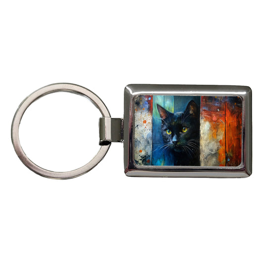 Black Cat Peaking Behind Door Abstract Art Rectangle Metal Keychain