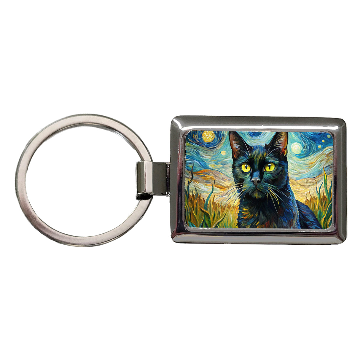Black Cat Van Gogh Style Painting Rectangle Metal Keychain