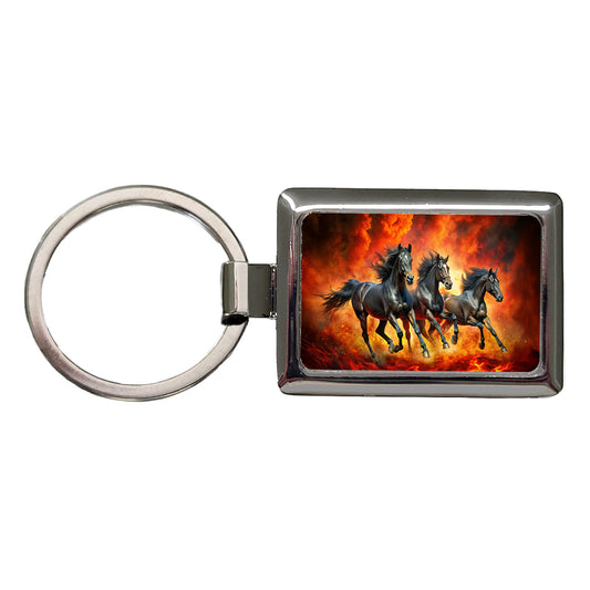 Black Horses Galloping Out of Fire Rectangle Metal Keychain
