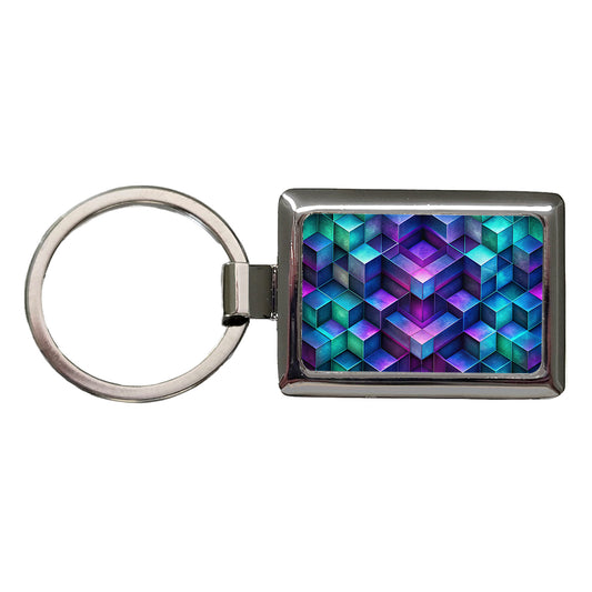 Chunky Angular Blue Purple Green Design Pattern Rectangle Metal Keychain