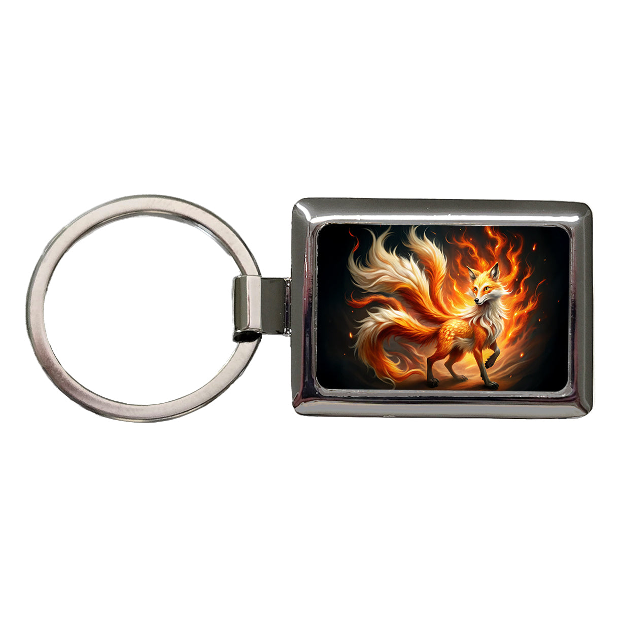 Flaming Fire Fox Kitsune Spirit Animal Rectangle Metal Keychain