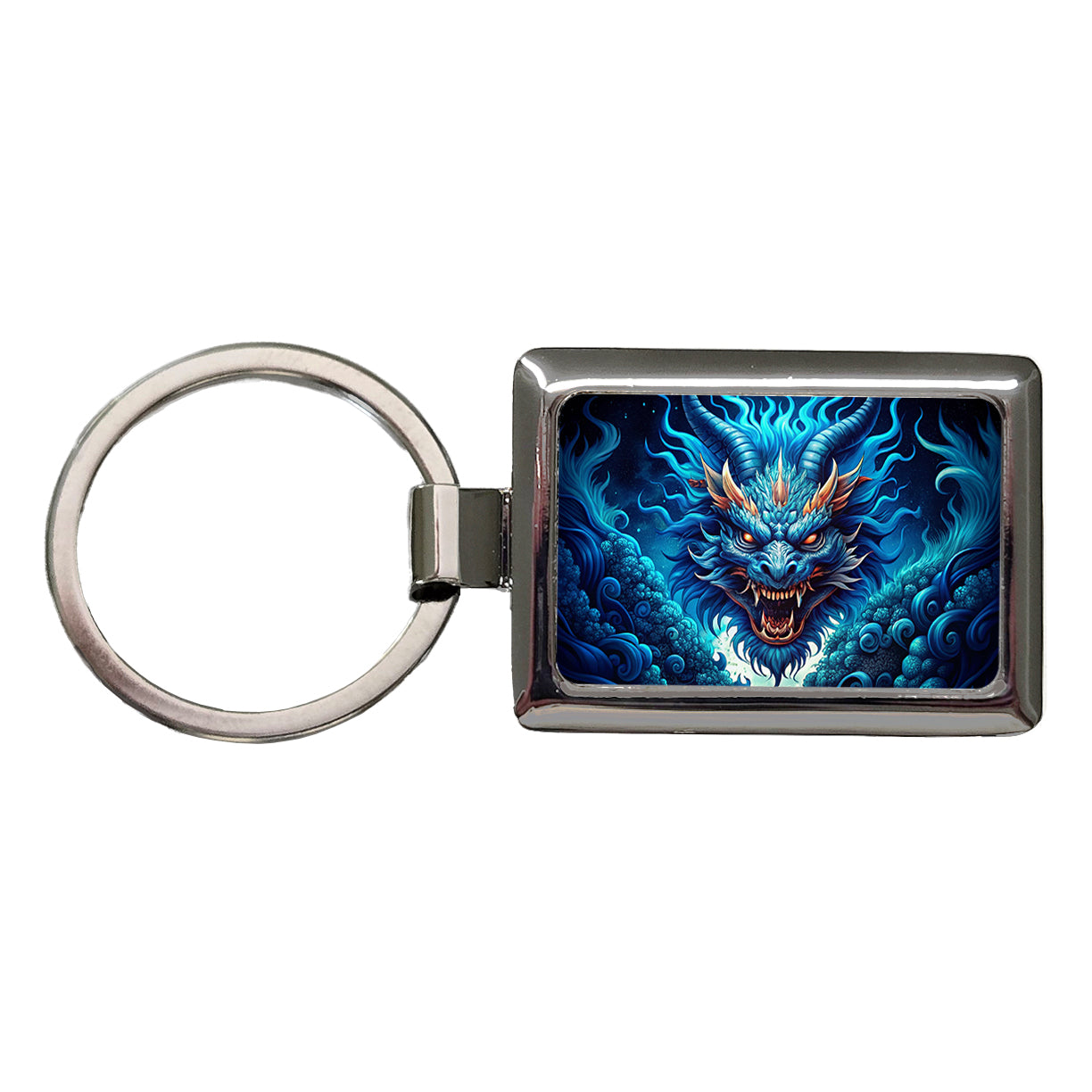 Japanese Asian Blue Spirit Dragon Art Rectangle Metal Keychain