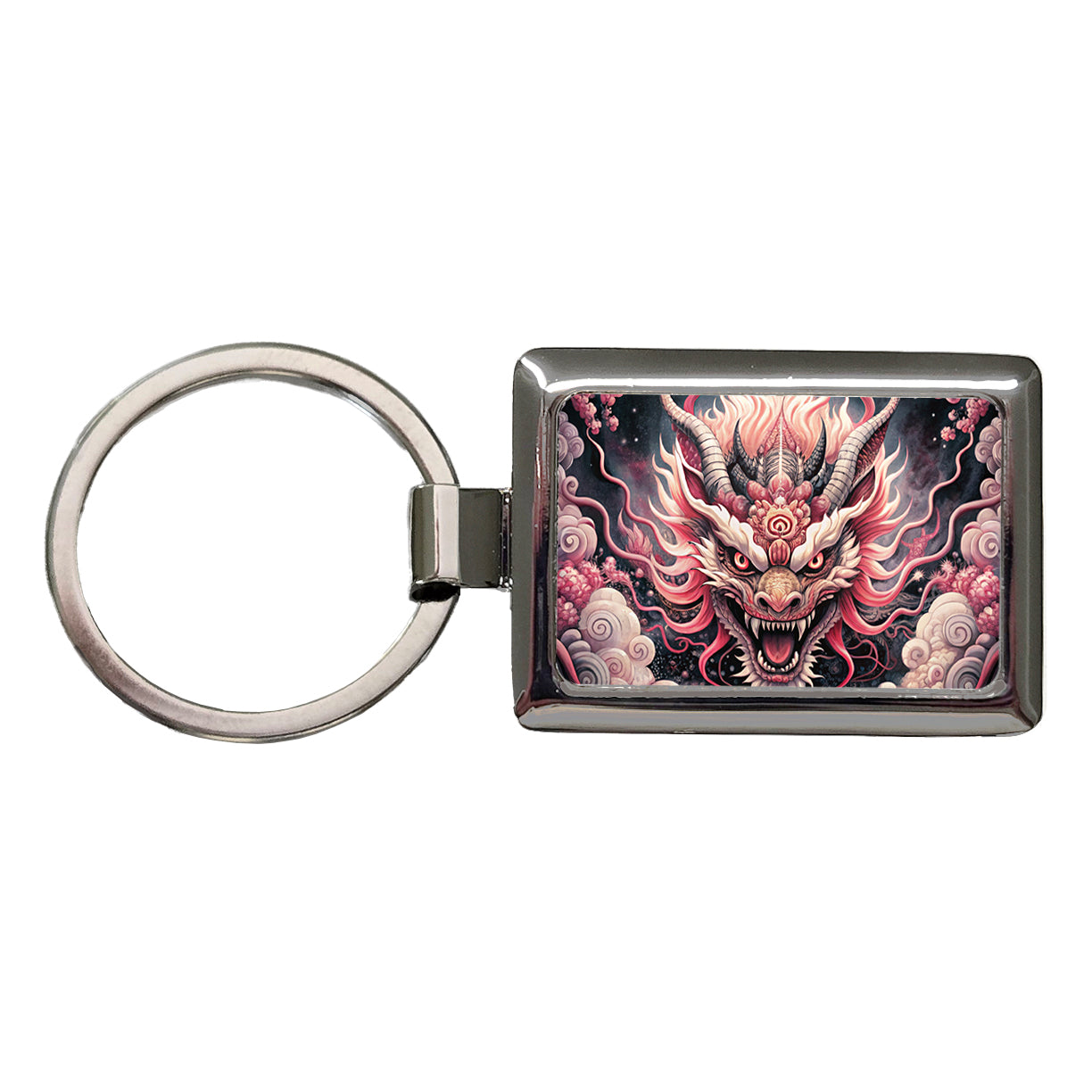 Japanese Asian Pink Spirit Dragon Art Rectangle Metal Keychain