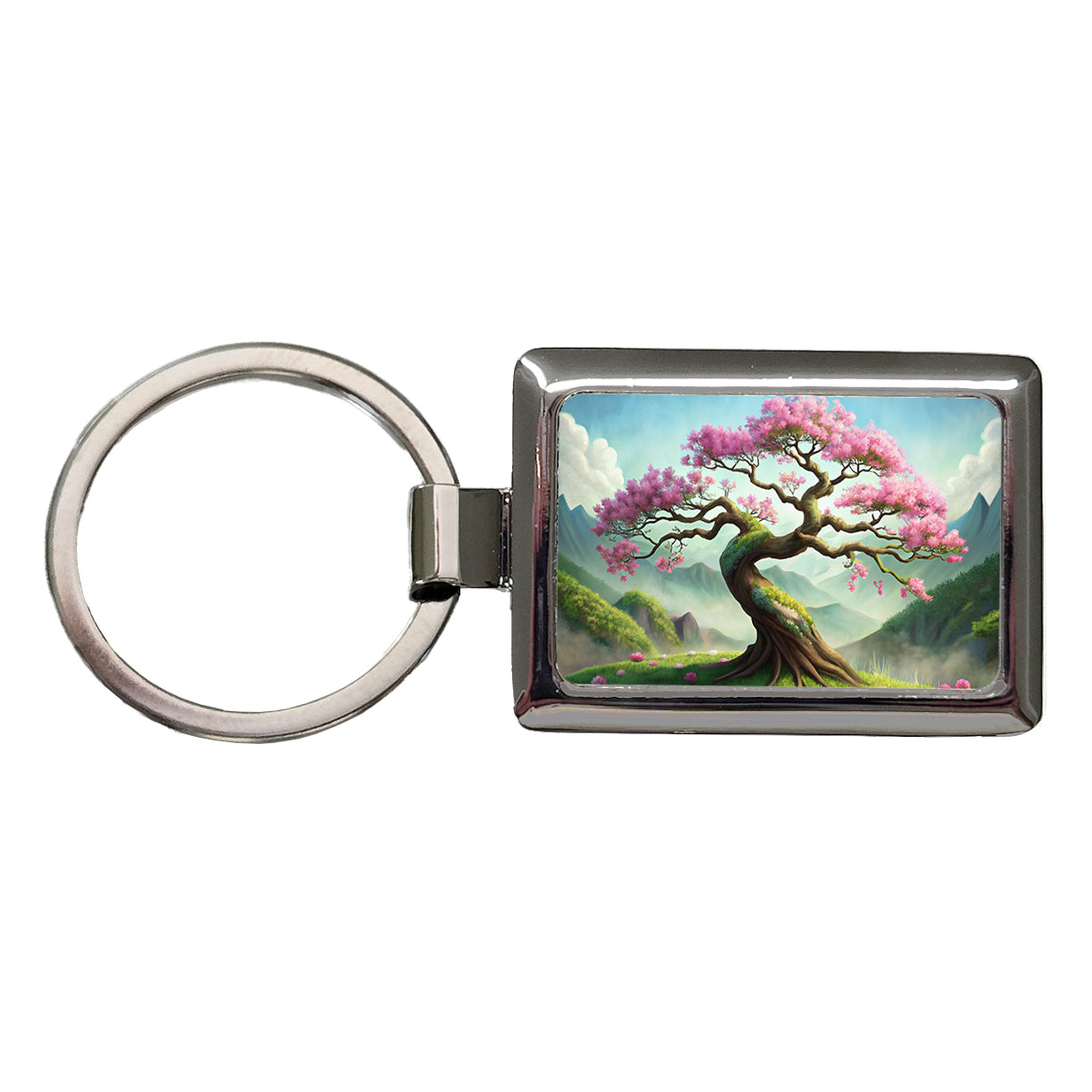 Japanese Bonsai Tree With Pink Flowers On Hillside Rectangle Metal Keychain