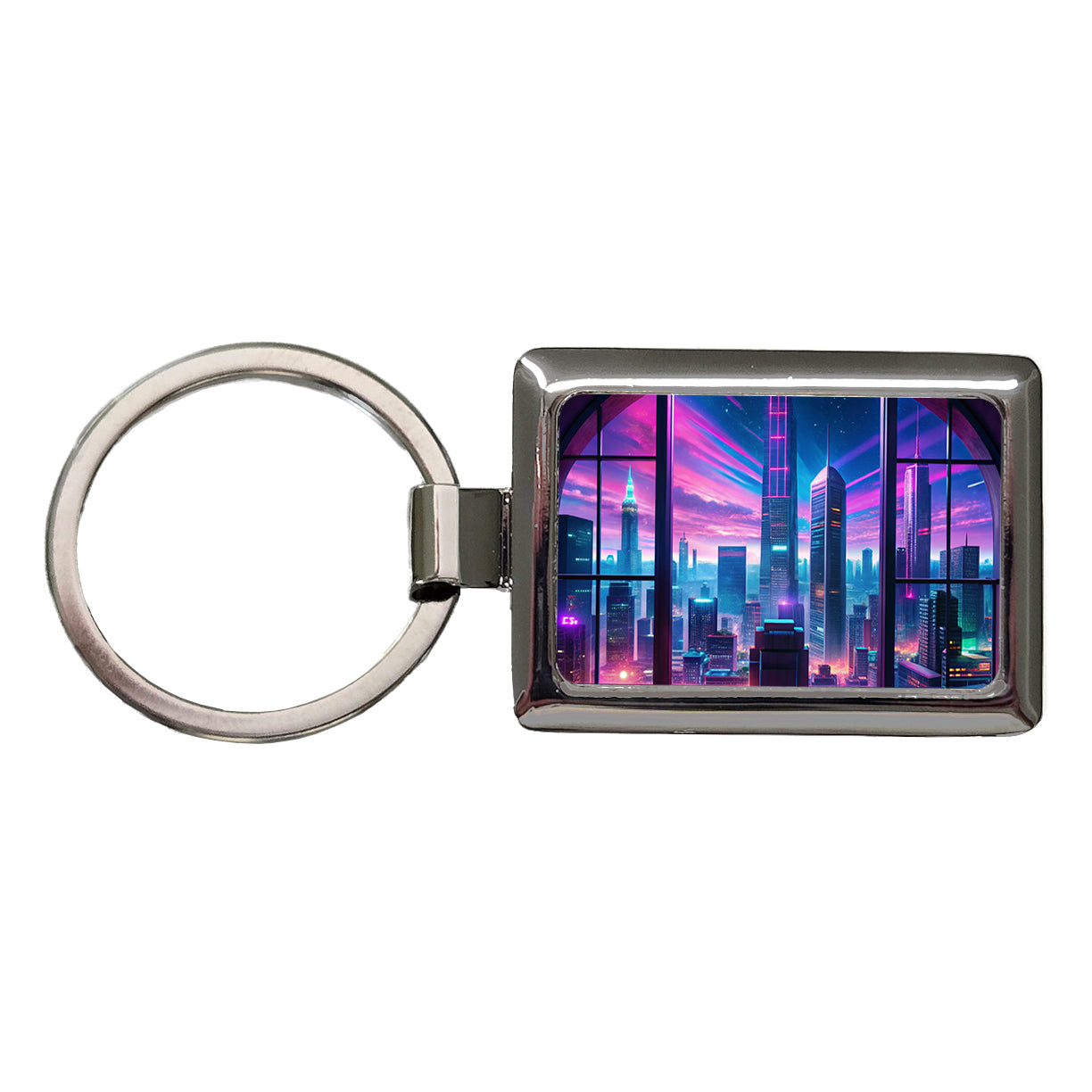 Neon Cityscape As Seen Through Skyscraper Window Purple Blue Rectangle Metal Keychain