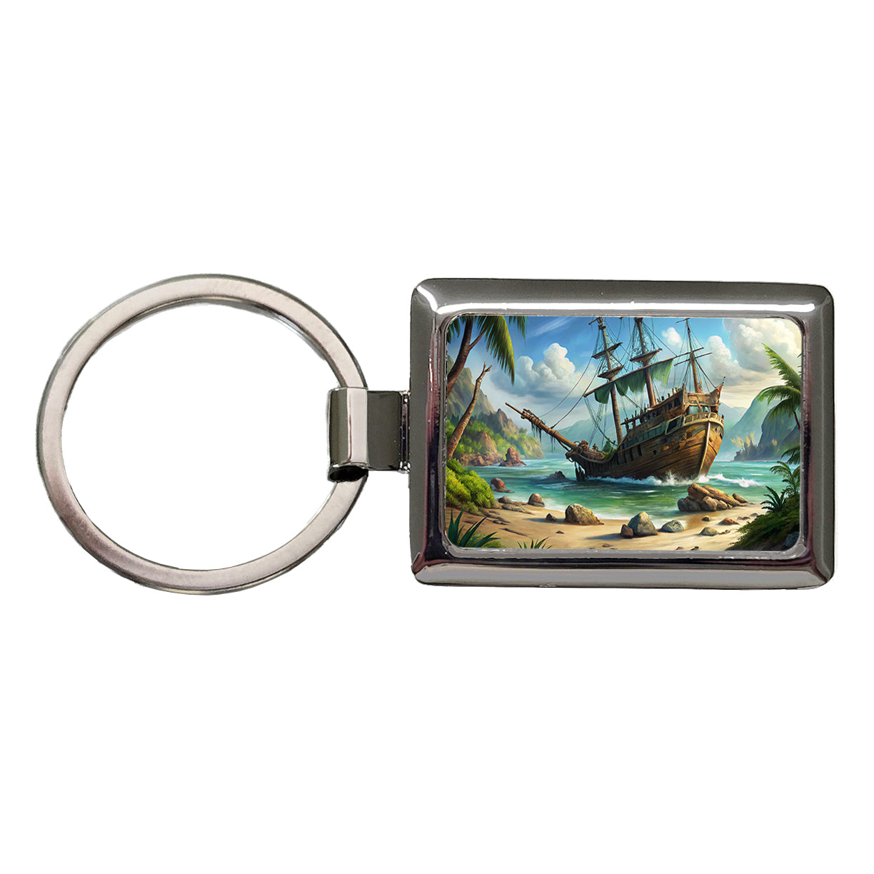 Pirate Sailing Ship Shipwreck Rectangle Metal Keychain