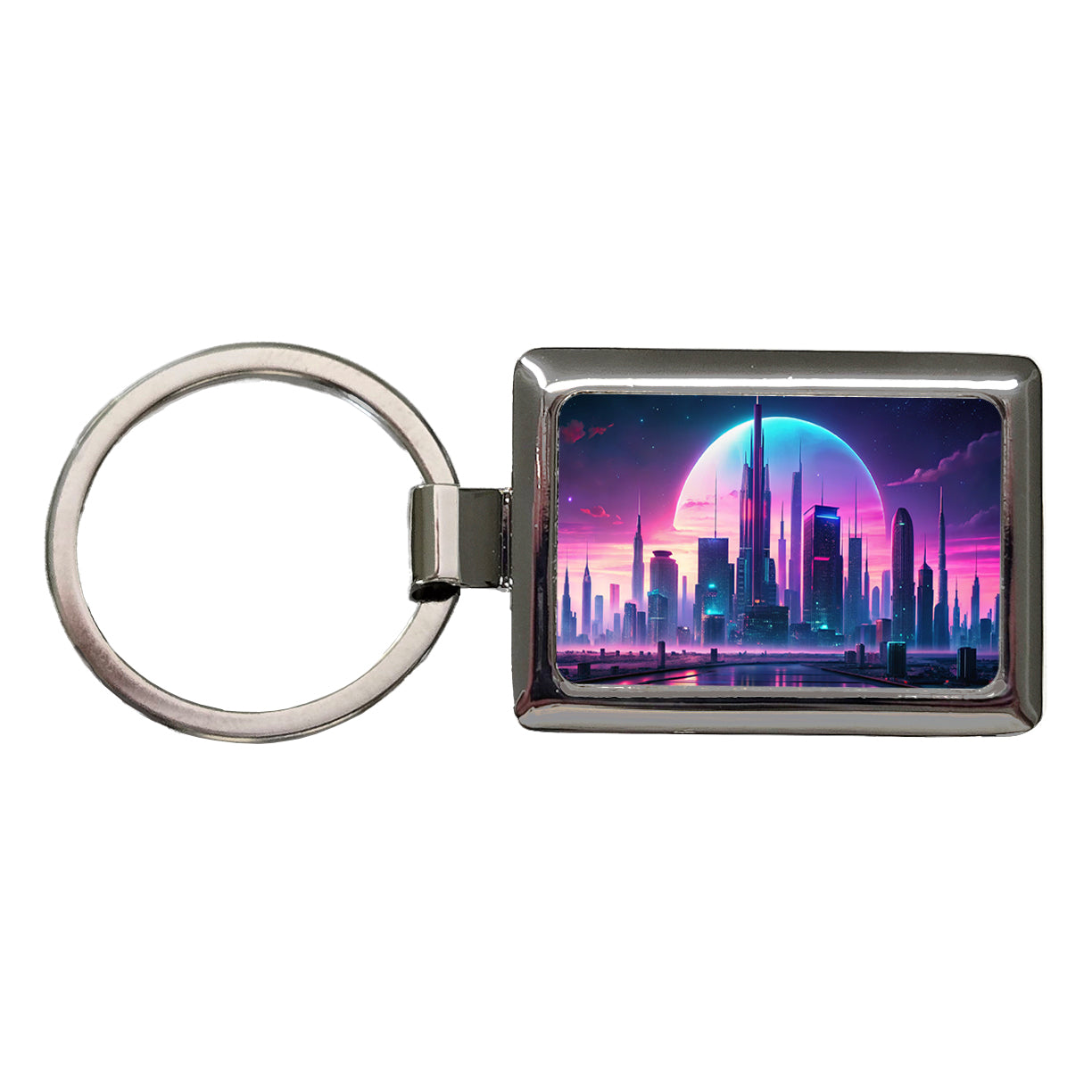 Purple Neon Sci-fi City Horizon Rectangle Metal Keychain