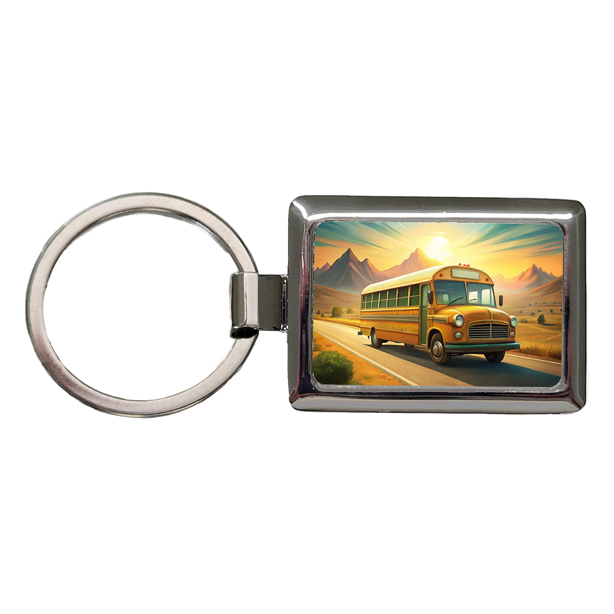 Retro School Bus On Road Rectangle Metal Keychain