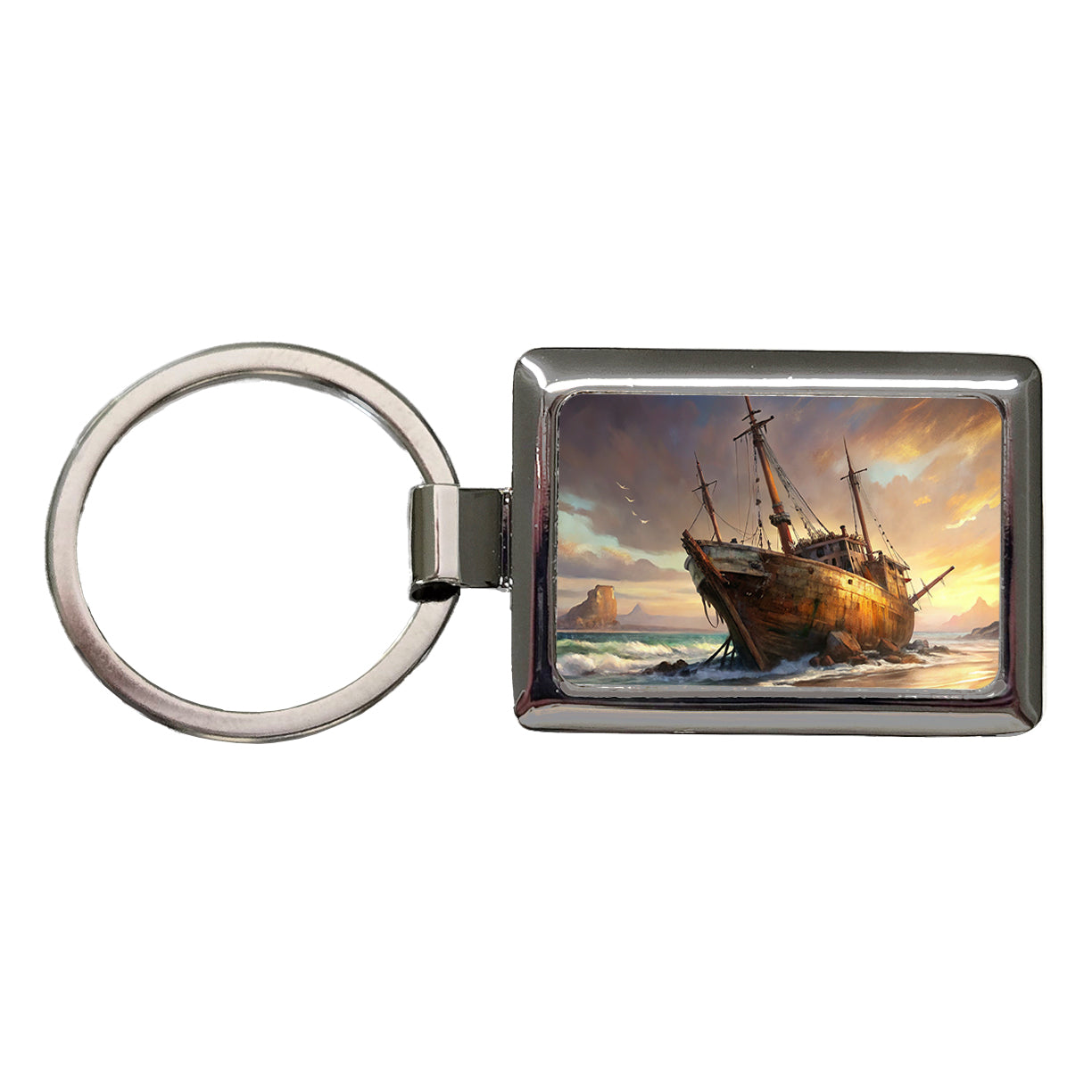 Shipwreck on the Beach Rectangle Metal Keychain