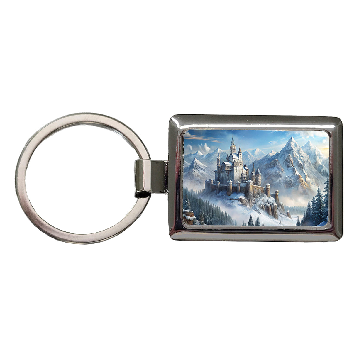 Snow Covered Castle In Mountains Landscape Rectangle Metal Keychain