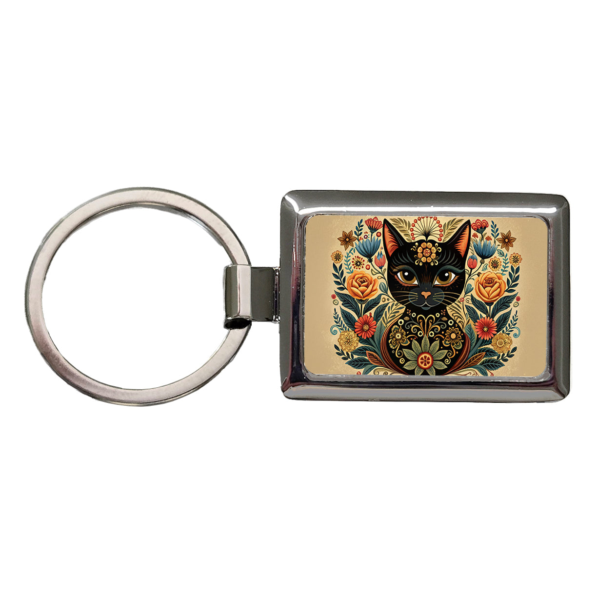 Stylized Black Cat Floral Design Rectangle Metal Keychain